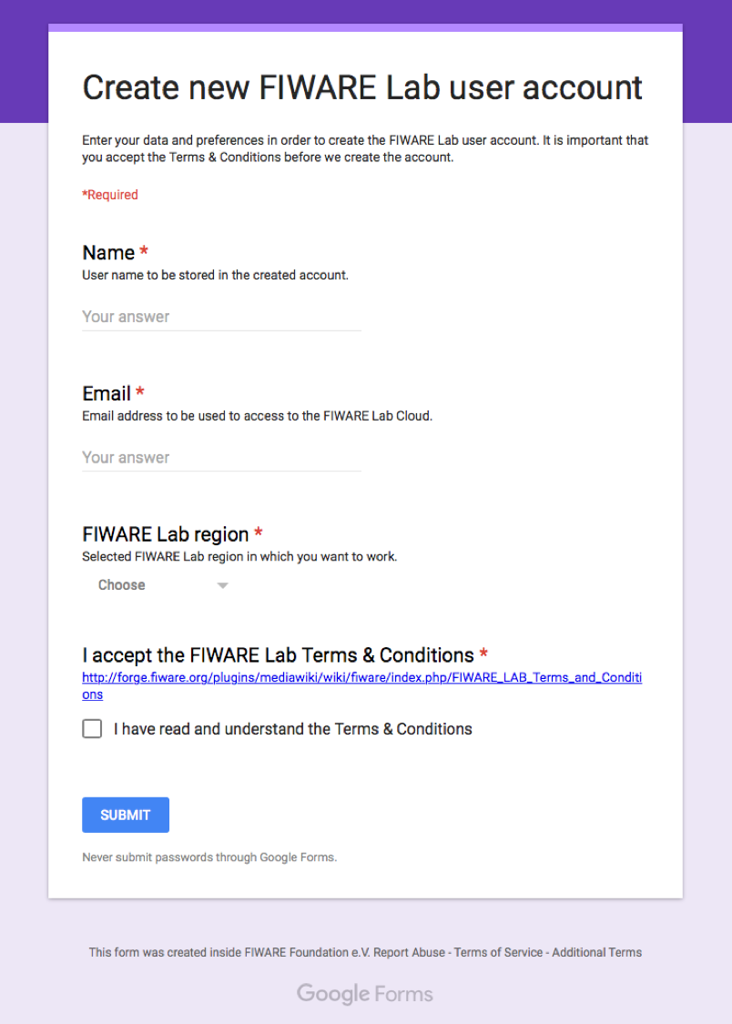 FIWARE Lab user creation form